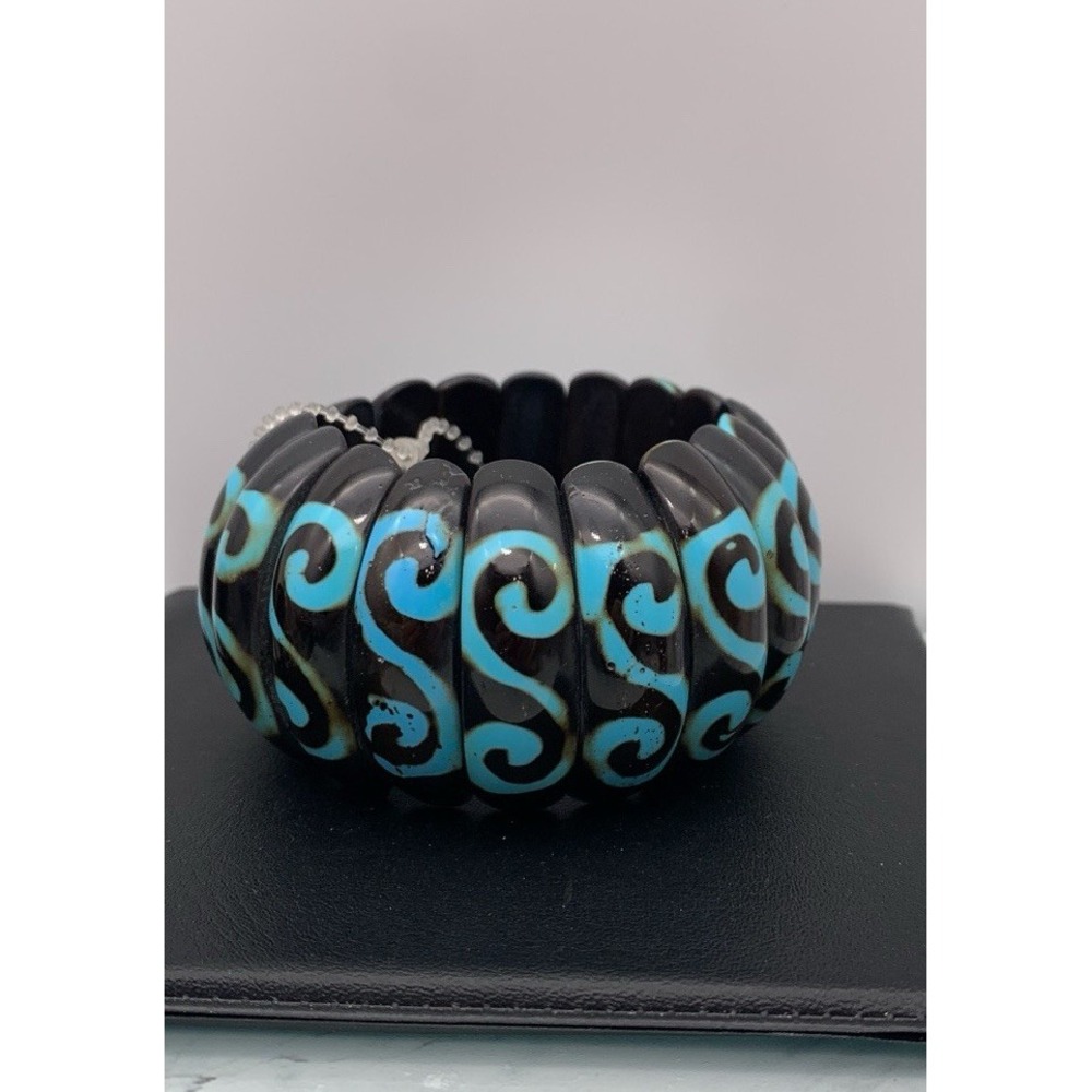 Chunky Black And Turquoise Colored  Blue Stretch Bangle Bracelet